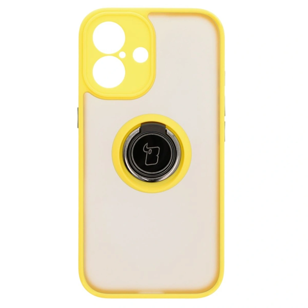 Etui z uchwytem na palec Bizon Case Hybrid Ring do Apple iPhone 16 przydymione z żółtą ramką