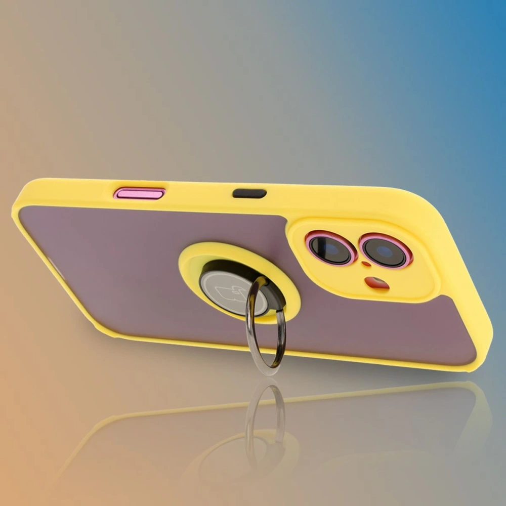 Etui z uchwytem na palec Bizon Case Hybrid Ring do Apple iPhone 16 przydymione z żółtą ramką