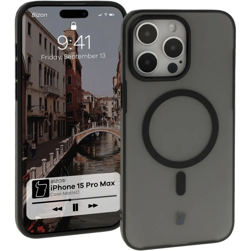 Etui z pierścieniem magnetycznym Bizon Case MatteO do Apple iPhone 15 półprzezroczyste z czarną ramką
