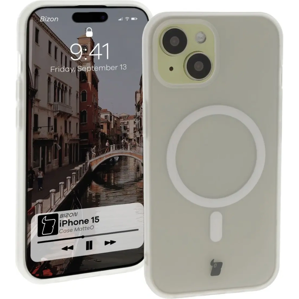 Etui z pierścieniem magnetycznym Bizon Case MatteO do Apple iPhone 15 półprzezroczyste