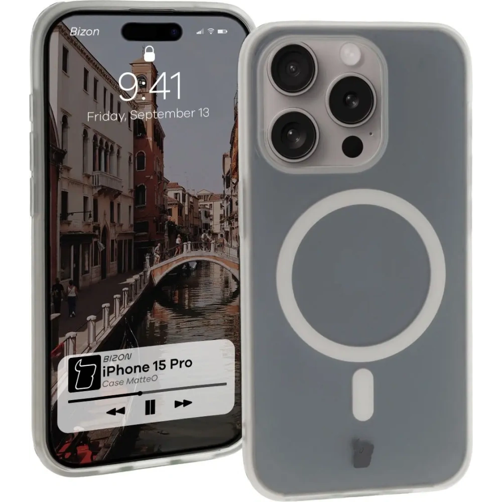 Etui z pierścieniem magnetycznym Bizon Case MatteO do Apple iPhone 15 Pro półprzezroczyste