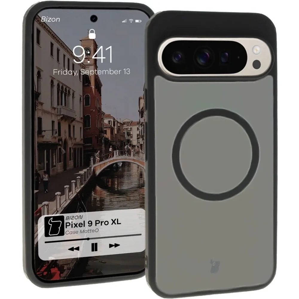 Etui z pierścieniem magnetycznym Bizon Case MatteO do Google Pixel 9 Pro XL półprzezroczyste z czarną ramką