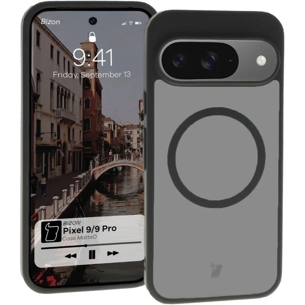 Etui z pierścieniem magnetycznym Bizon Case MatteO do Google Pixel 9/9 Pro półprzezroczyste z czarną ramką