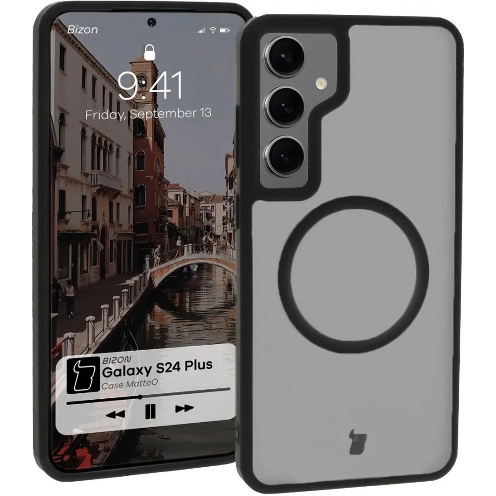 Etui z pierścieniem magnetycznym Bizon Case MatteO do Samsung Galaxy S24 Plus półprzezroczyste z czarną ramką