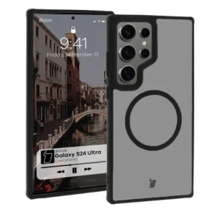 Kup Etui z pierścieniem magnetycznym Bizon Case MatteO do Samsung Galaxy S24 Ultra półprzezroczyste z czarną ramką - BIZ7136 - {ean13} - Sklep Home Screen