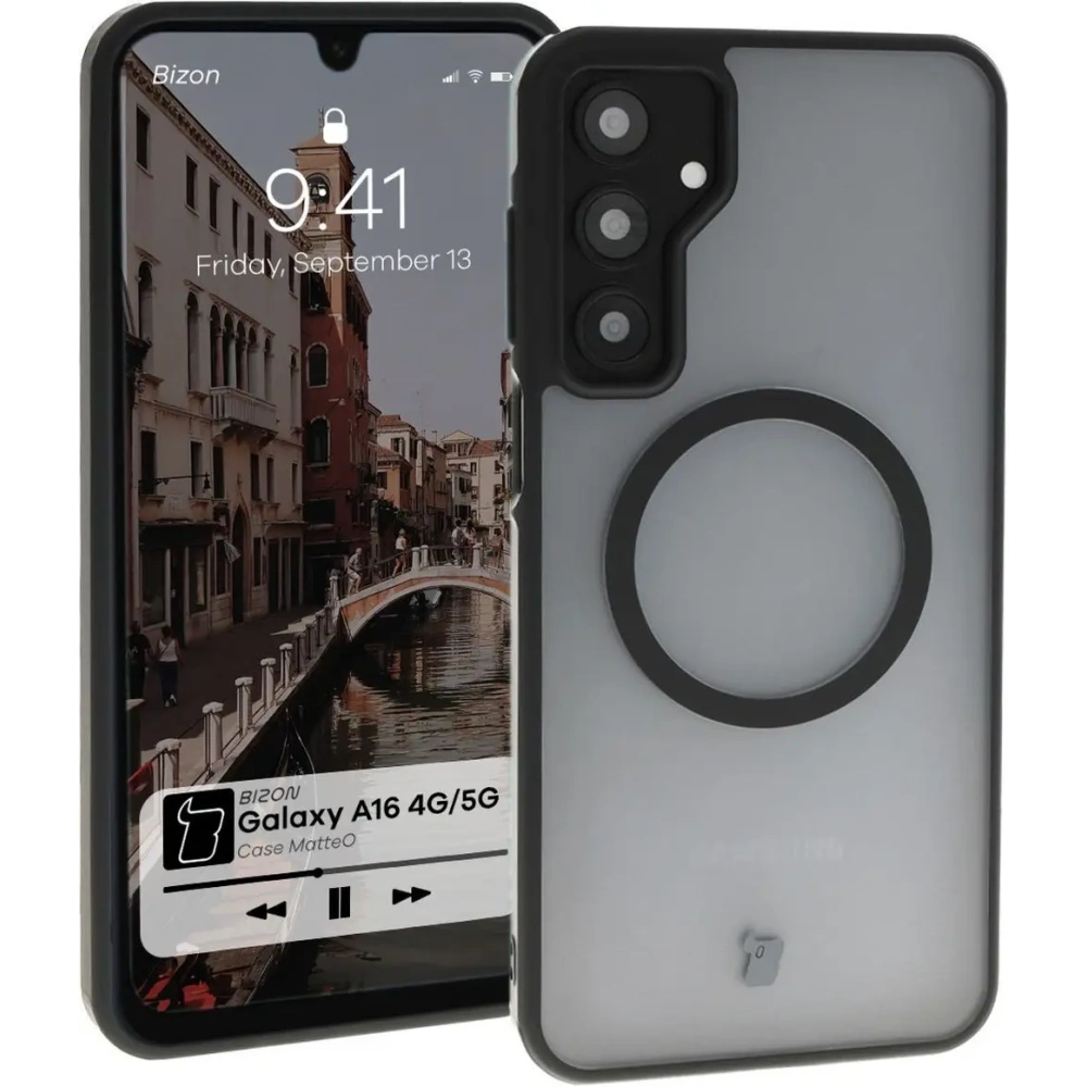 Etui z pierścieniem magnetycznym Bizon Case MatteO do Samsung Galaxy A16 4G/5G półprzezroczyste z czarną ramką