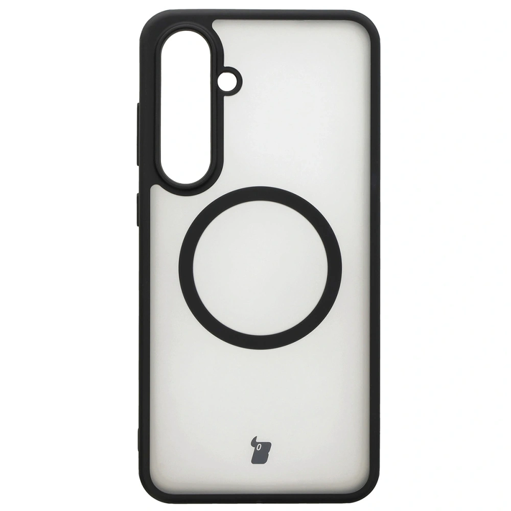 Etui z pierścieniem magnetycznym Bizon Case MatteO do Samsung Galaxy S24 FE półprzezroczyste z czarną ramką