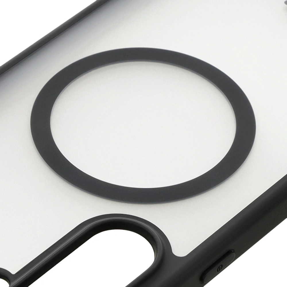 Etui z pierścieniem magnetycznym Bizon Case MatteO do Samsung Galaxy S24 FE półprzezroczyste z czarną ramką