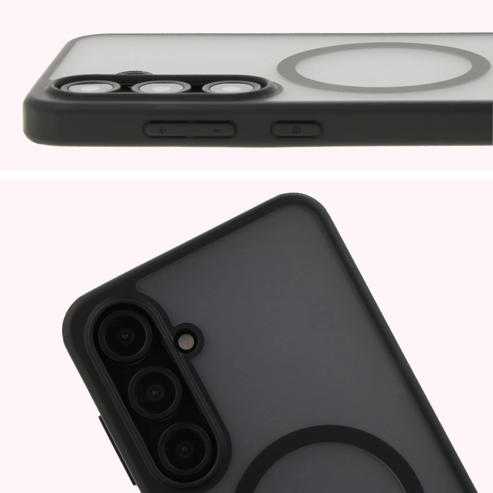 Etui z pierścieniem magnetycznym Bizon Case MatteO do Samsung Galaxy S24 FE półprzezroczyste z czarną ramką