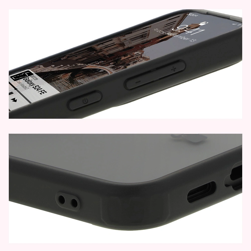 Etui z pierścieniem magnetycznym Bizon Case MatteO do Samsung Galaxy S24 FE półprzezroczyste z czarną ramką