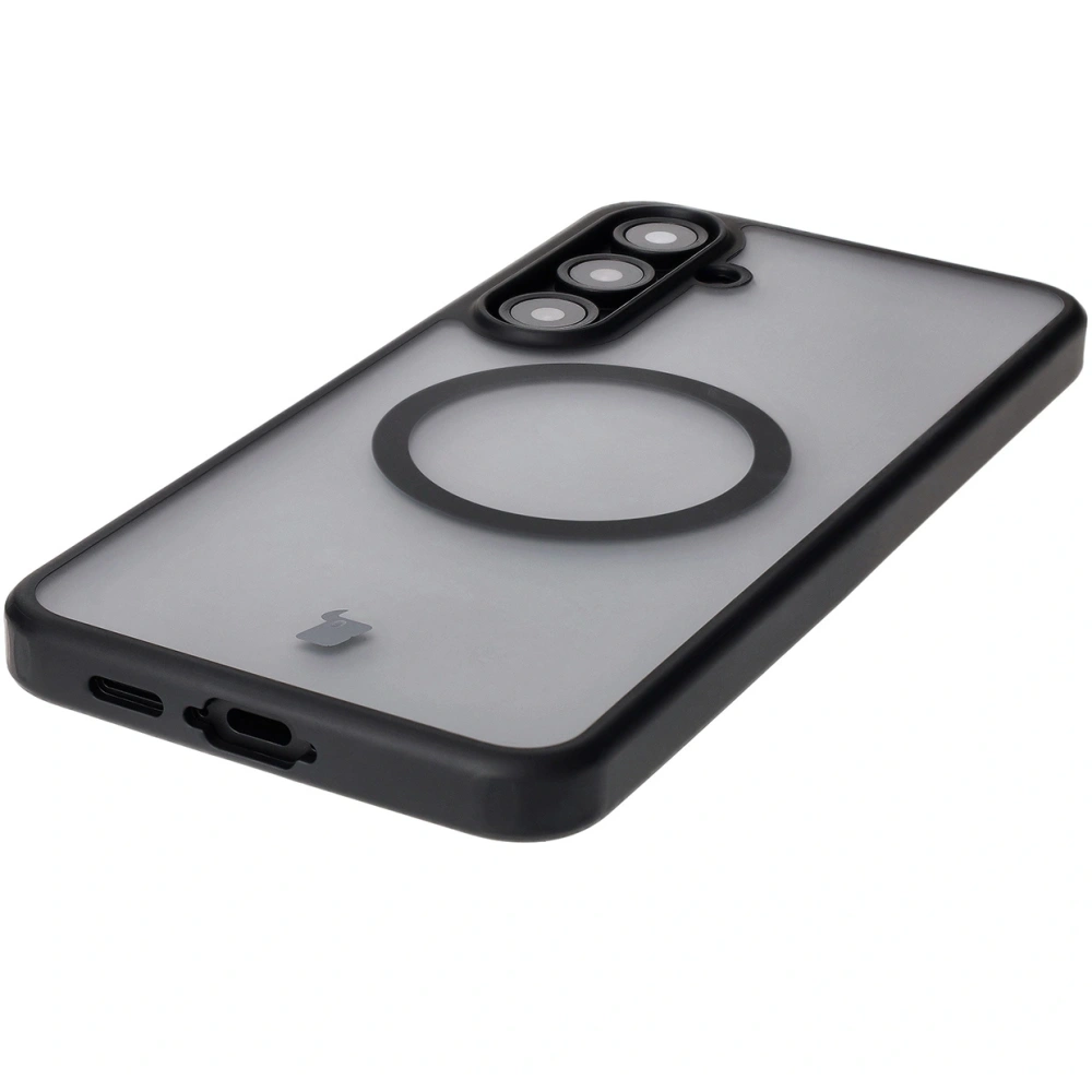 Etui z pierścieniem magnetycznym Bizon Case MatteO do Samsung Galaxy S24 FE półprzezroczyste z czarną ramką