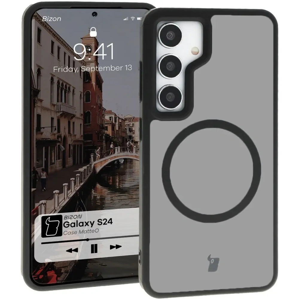 Etui z pierścieniem magnetycznym Bizon Case MatteO do Samsung Galaxy S24 półprzezroczyste z czarną ramką
