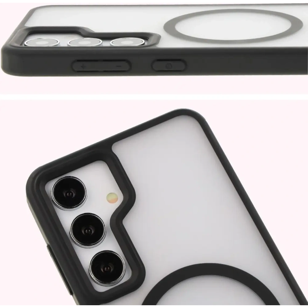 Etui z pierścieniem magnetycznym Bizon Case MatteO do Samsung Galaxy S24 półprzezroczyste z czarną ramką