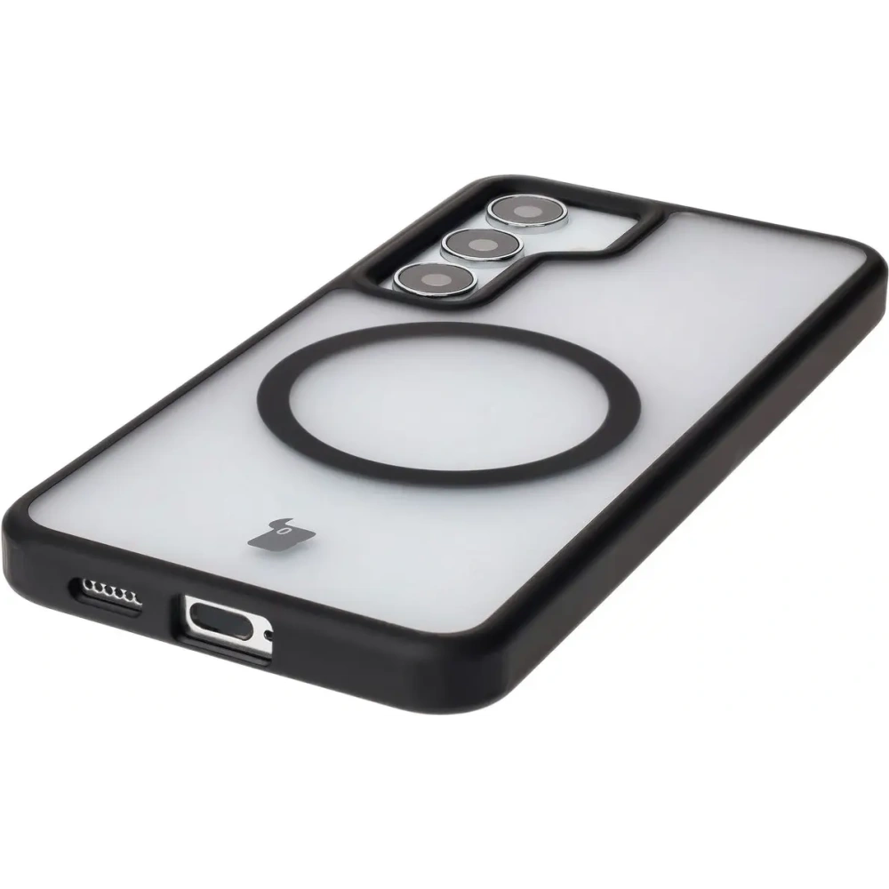 Etui z pierścieniem magnetycznym Bizon Case MatteO do Samsung Galaxy S24 półprzezroczyste z czarną ramką