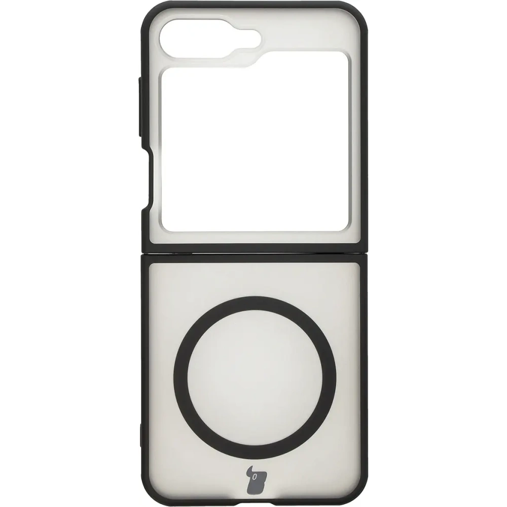 Etui z pierścieniem magnetycznym Bizon Case MatteO do Samsung Galaxy Z Flip6 / 7 FE półprzezroczyste z czarną ramką