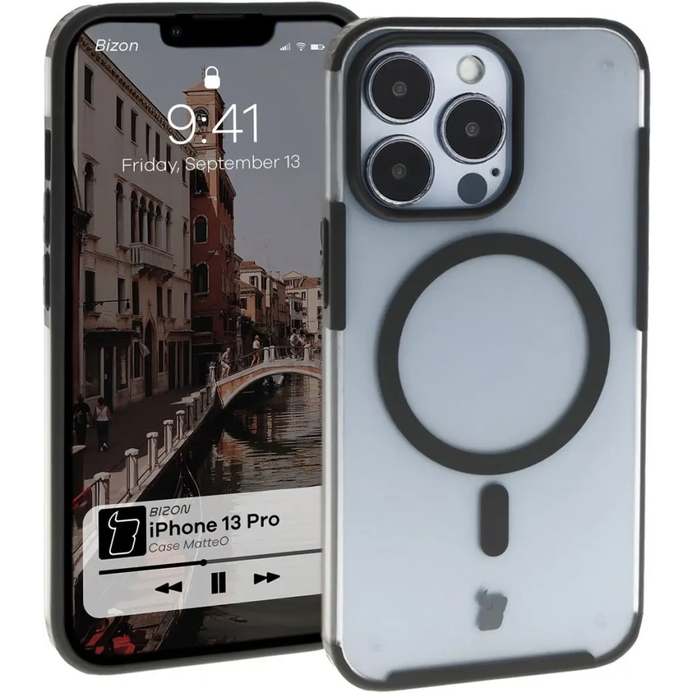 Etui z pierścieniem magnetycznym Bizon Case MatteO do Apple iPhone 13 Pro półprzezroczyste z czarną ramką