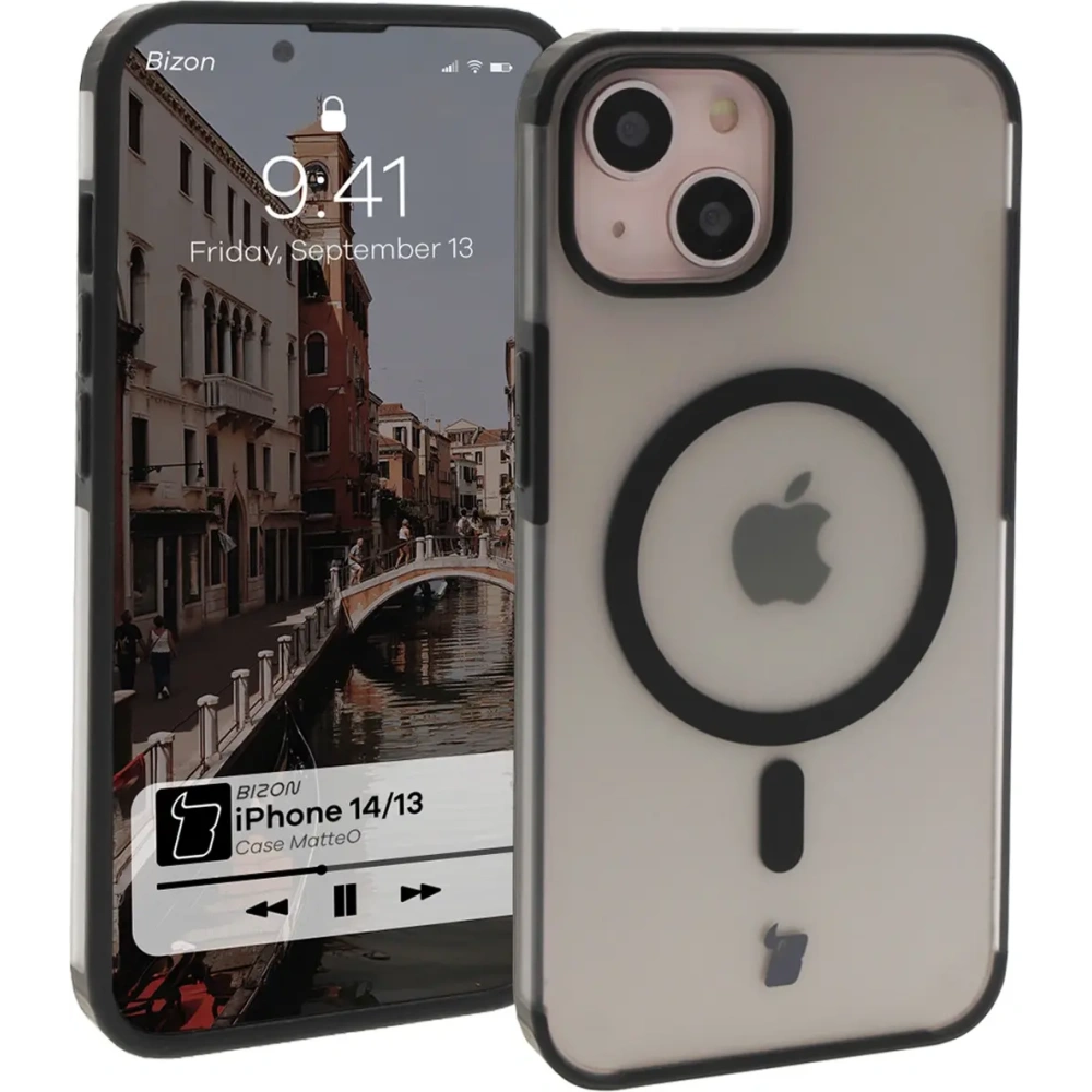 Etui z pierścieniem magnetycznym Bizon Case MatteO do Apple iPhone 14 / Phone 13 półprzezroczyste z czarną ramką