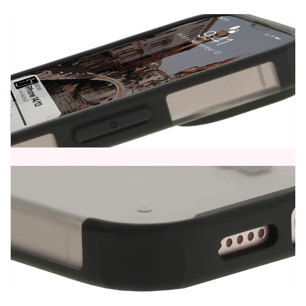 Etui z pierścieniem magnetycznym Bizon Case MatteO do Apple iPhone 14 / Phone 13 półprzezroczyste z czarną ramką