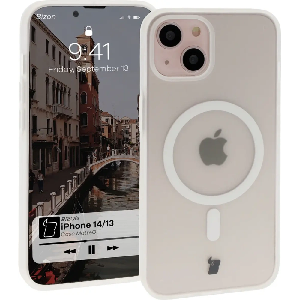 Etui z pierścieniem magnetycznym Bizon Case MatteO do Apple iPhone 14 / Phone 13 półprzezroczyste z przezroczystą ramką
