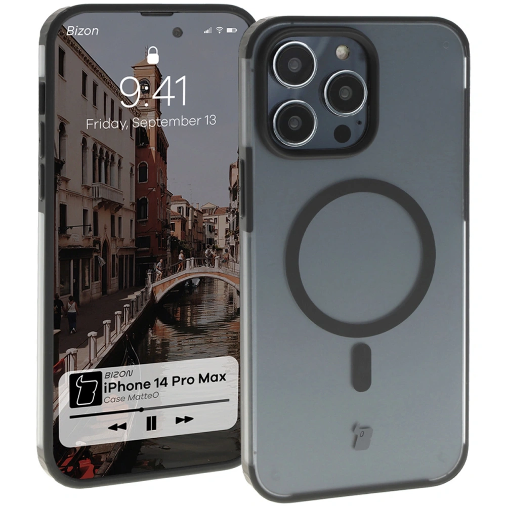 Etui z pierścieniem magnetycznym Bizon Case MatteO do Apple iPhone 14 Pro Max półprzezroczyste z czarną ramką