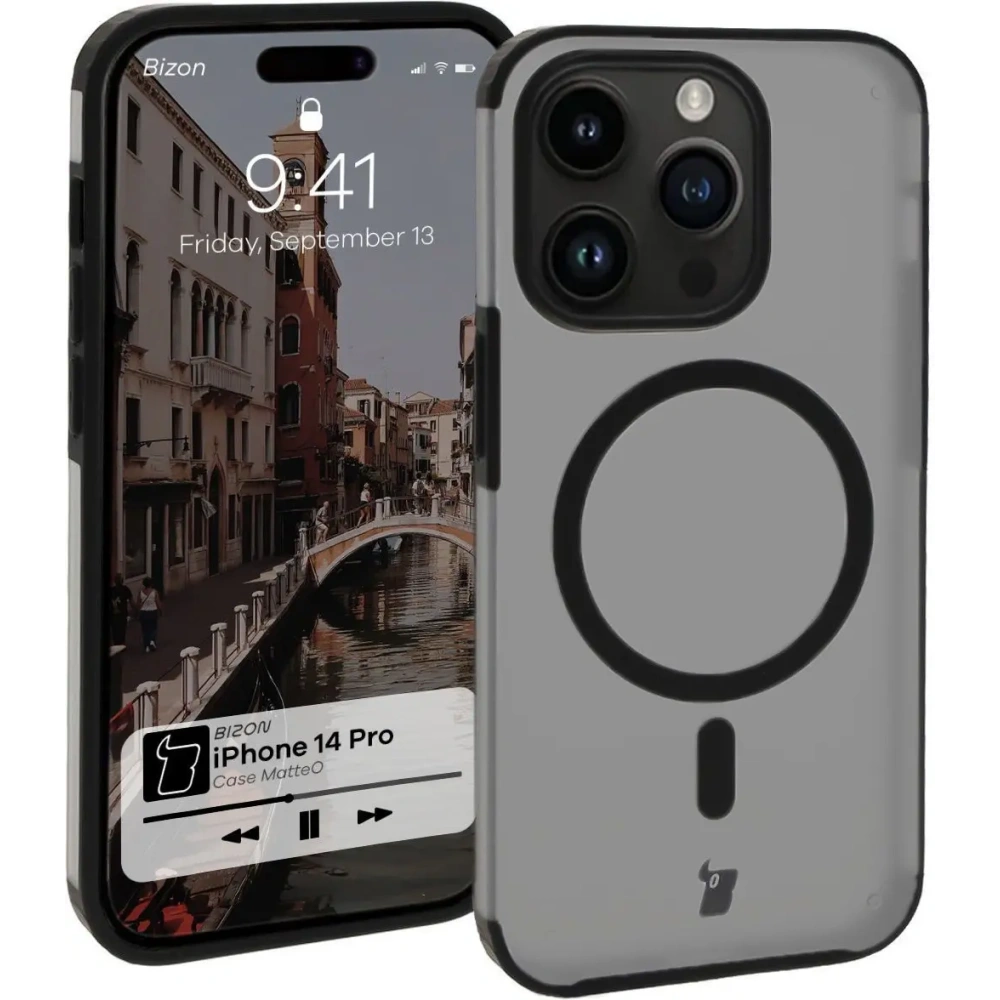 Etui z pierścieniem magnetycznym Bizon Case MatteO do Apple iPhone 14 Pro półprzezroczyste z czarną ramką