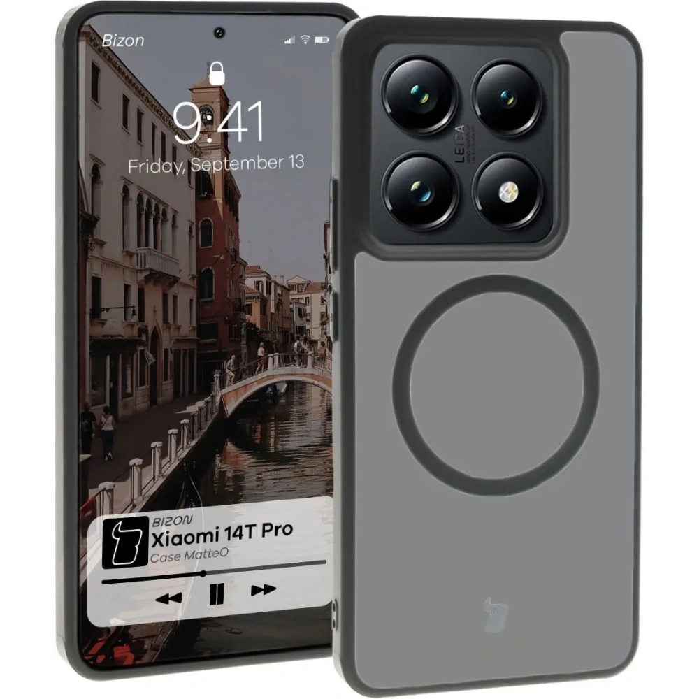 Etui z pierścieniem magnetycznym Bizon Case MatteO do Xiaomi 14T Pro półprzezroczyste z czarną ramką