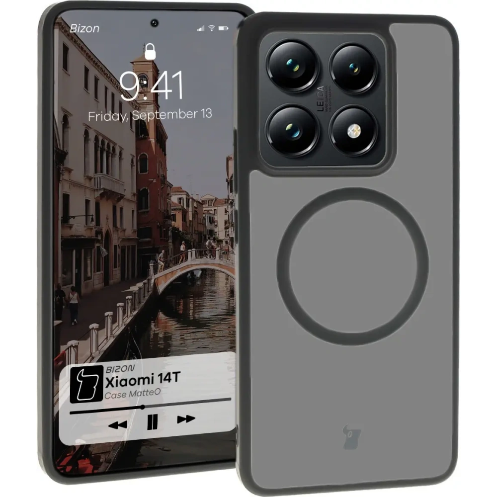 Etui z pierścieniem magnetycznym Bizon Case MatteO do Xiaomi 14T półprzezroczyste z czarną ramką