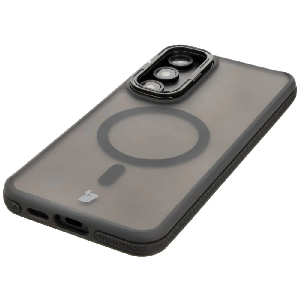 Etui z podstawką i pierścieniem magnetycznym Bizon Case Eclipse do Samsung Galaxy S24 FE przydymione z czarną ramką