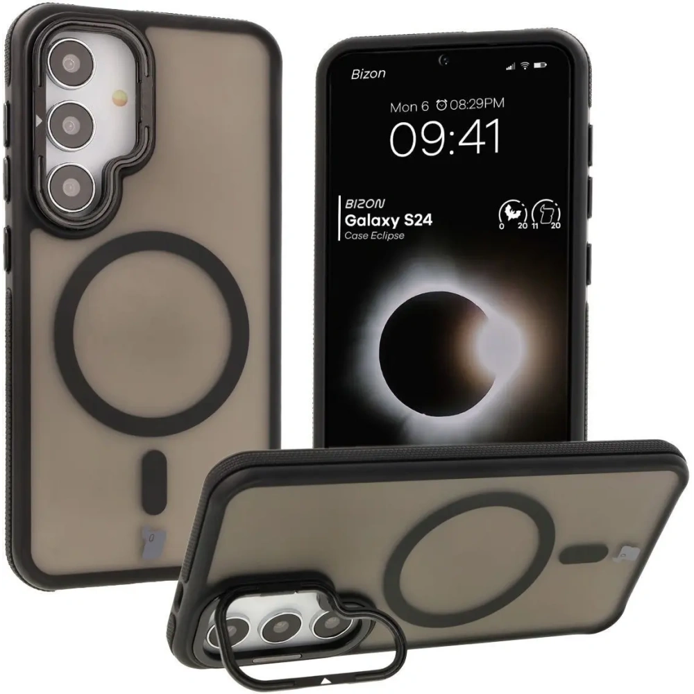 Etui z podstawką i pierścieniem magnetycznym Bizon Case Eclipse do Samsung Galaxy S24 przydymione z czarną ramką