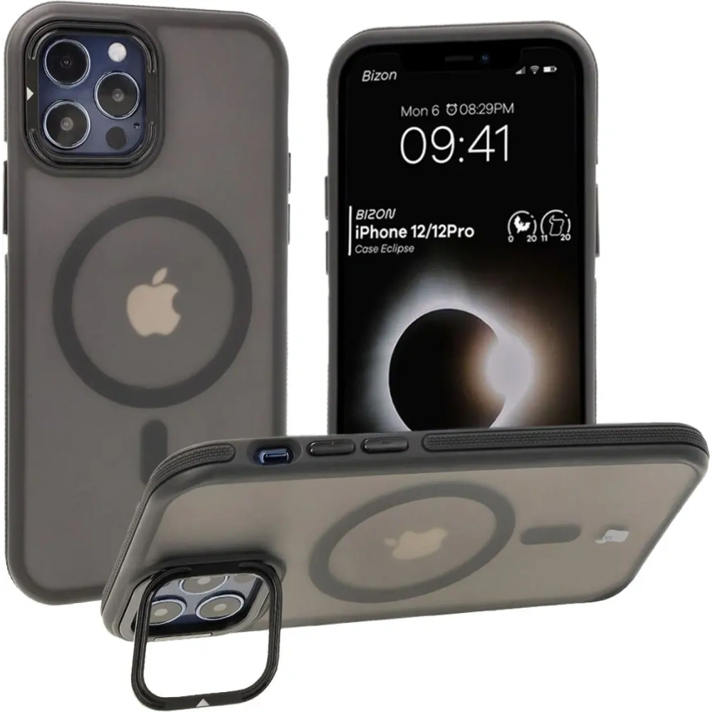 Etui z podstawką i pierścieniem magnetycznym Bizon Case Eclipse do Apple iPhone 12 / Apple iPhone 12 Pro  przydymione z czarną ramką