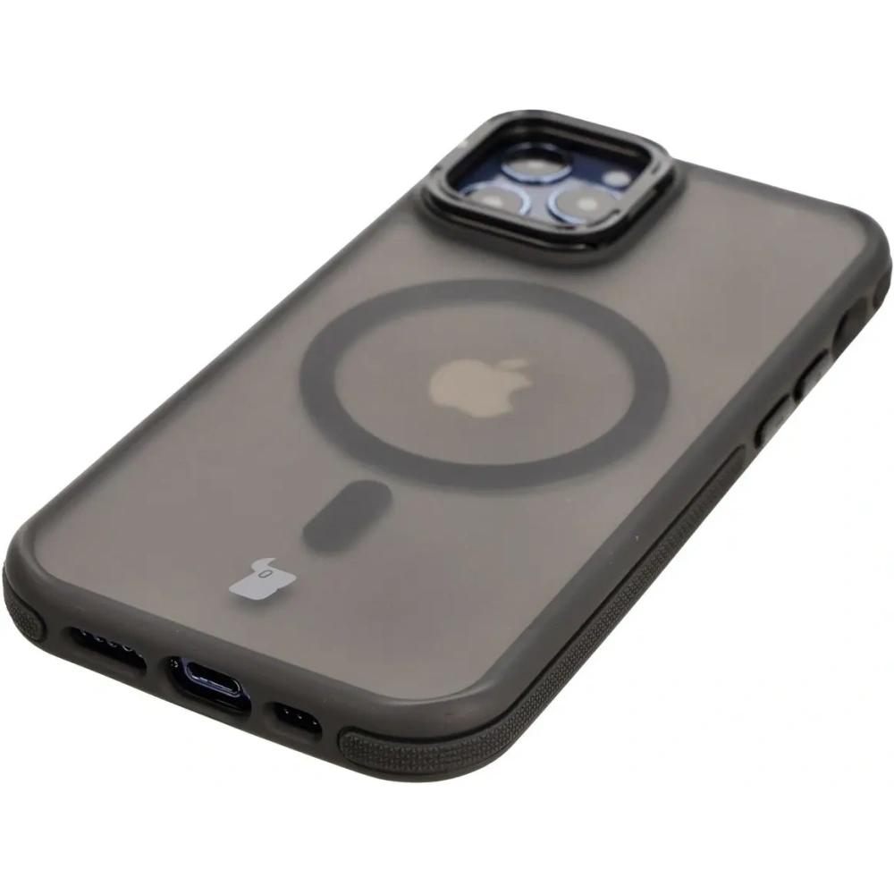 Etui z podstawką i pierścieniem magnetycznym Bizon Case Eclipse do Apple iPhone 12 / Apple iPhone 12 Pro  przydymione z czarną ramką