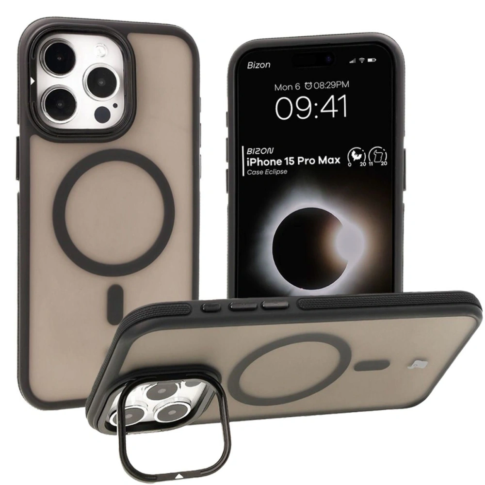 Etui z podstawką i pierścieniem magnetycznym Bizon Case Eclipse do Apple iPhone 15 Pro Max przydymione z czarną ramką