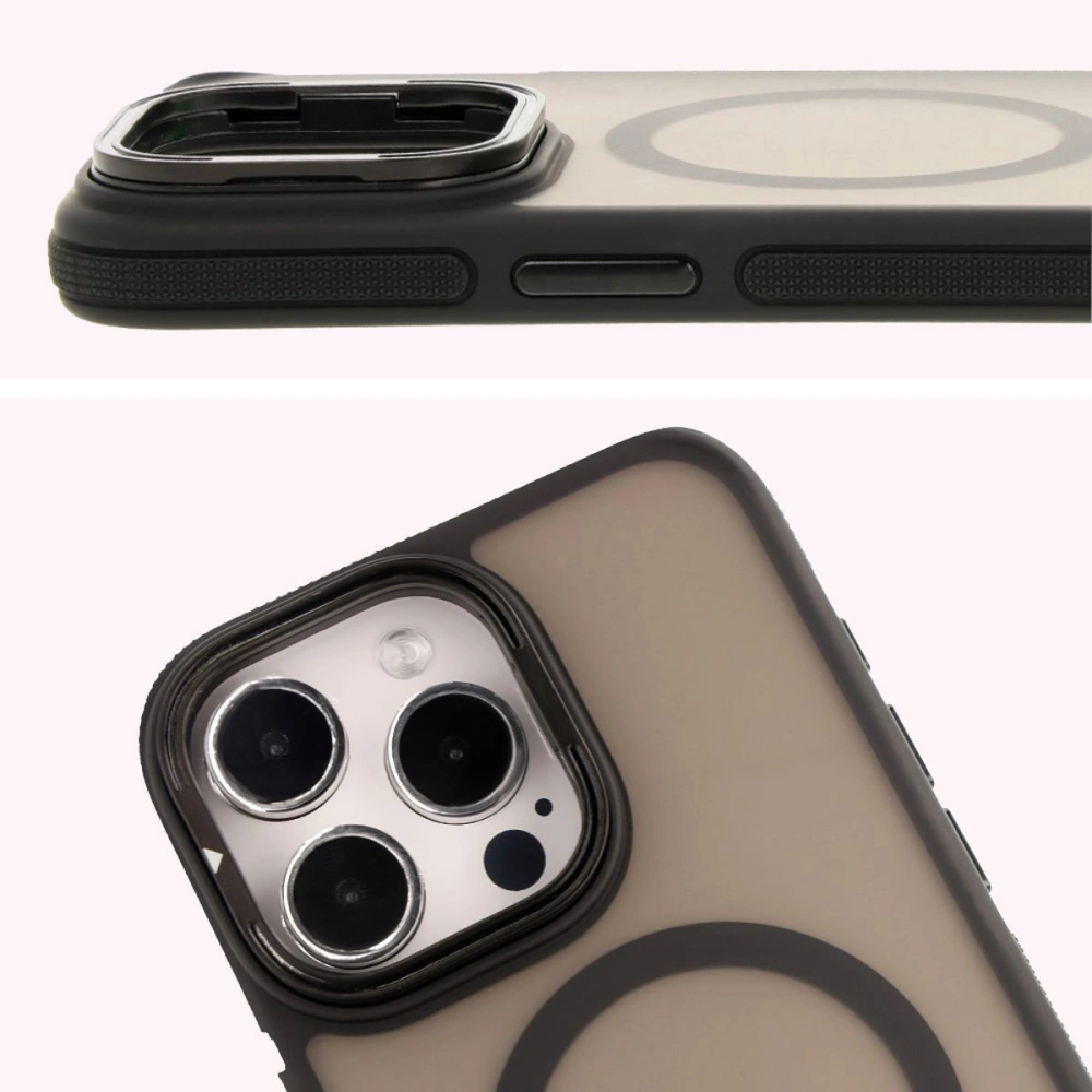 Etui z podstawką i pierścieniem magnetycznym Bizon Case Eclipse do Apple iPhone 15 Pro Max przydymione z czarną ramką