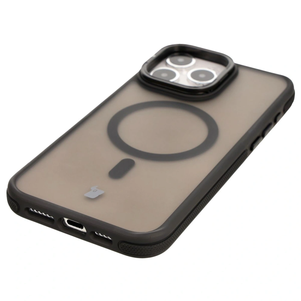 Etui z podstawką i pierścieniem magnetycznym Bizon Case Eclipse do Apple iPhone 15 Pro Max przydymione z czarną ramką