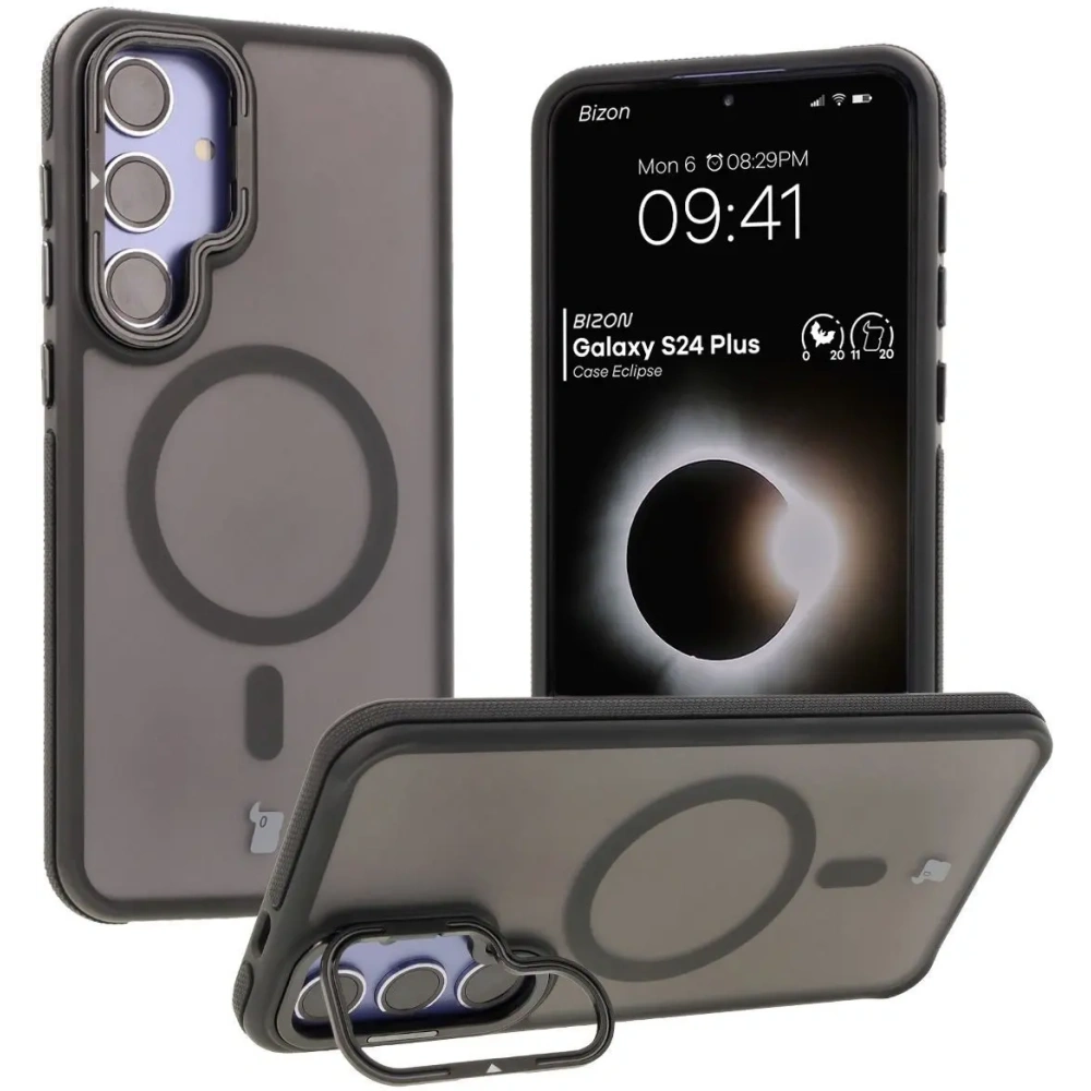 Etui z podstawką i pierścieniem magnetycznym Bizon Case Eclipse do Samsung Galaxy S24 Plus przydymione z czarną ramką