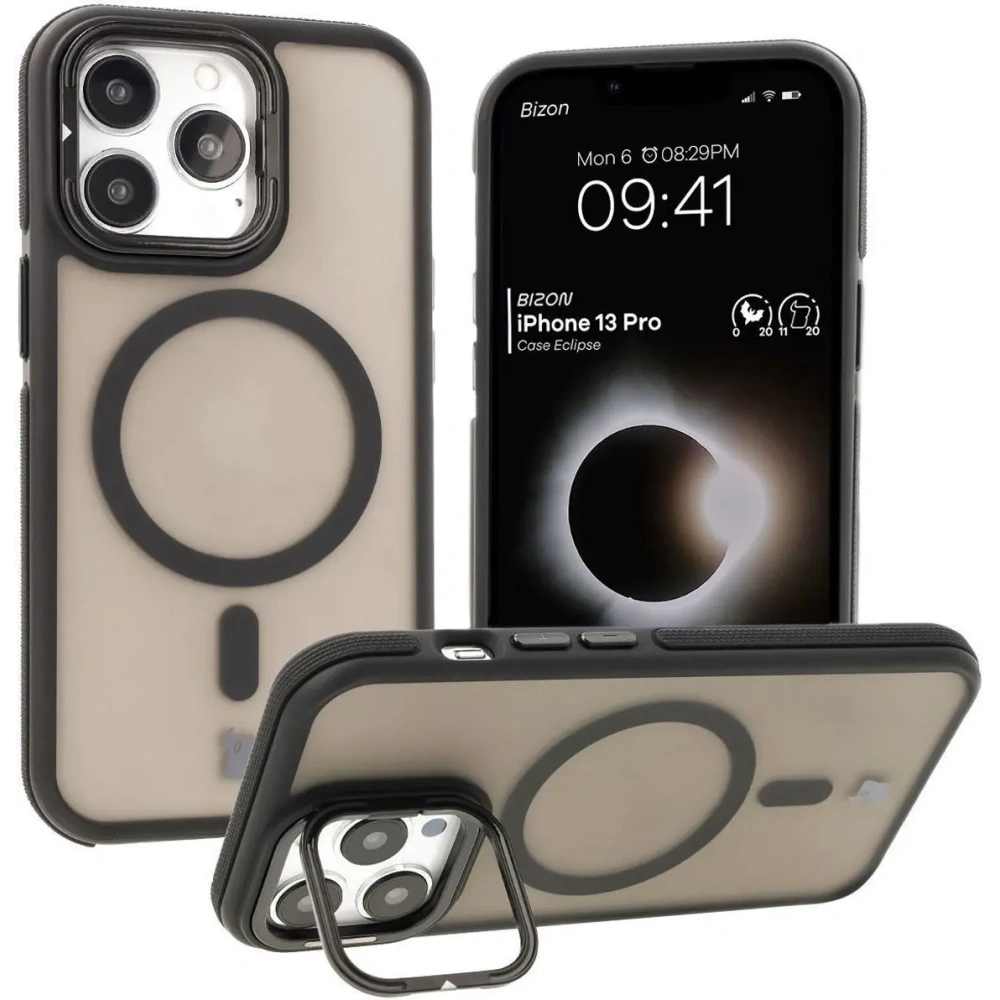 Etui z podstawką i pierścieniem magnetycznym Bizon Case Eclipse do Apple iPhone 13 Pro przydymione z czarną ramką
