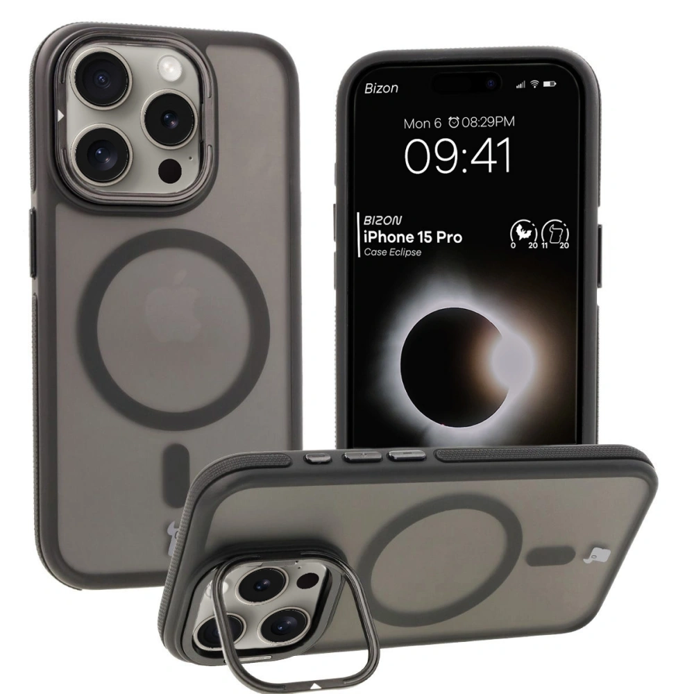 Etui z podstawką i pierścieniem magnetycznym Bizon Case Eclipse do Apple iPhone 15 Pro przydymione z czarną ramką