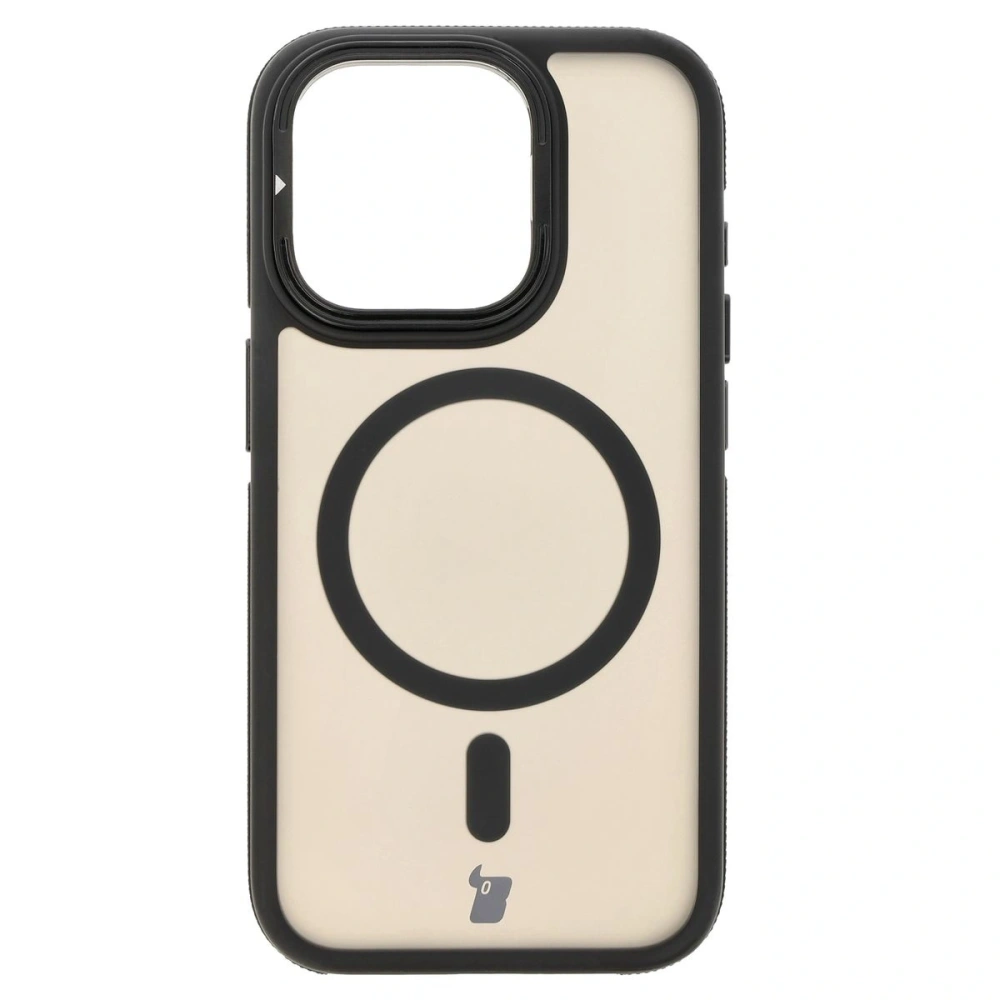 Etui z podstawką i pierścieniem magnetycznym Bizon Case Eclipse do Apple iPhone 15 Pro przydymione z czarną ramką