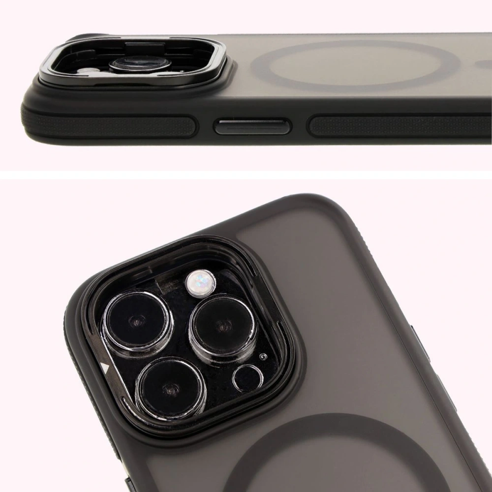 Etui z podstawką i pierścieniem magnetycznym Bizon Case Eclipse do Apple iPhone 15 Pro przydymione z czarną ramką