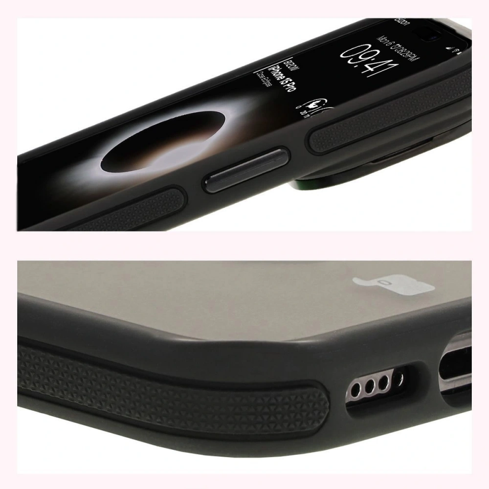 Etui z podstawką i pierścieniem magnetycznym Bizon Case Eclipse do Apple iPhone 15 Pro przydymione z czarną ramką