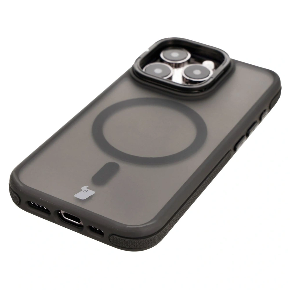 Etui z podstawką i pierścieniem magnetycznym Bizon Case Eclipse do Apple iPhone 15 Pro przydymione z czarną ramką