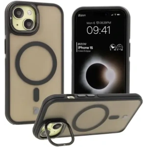 Kup Etui z podstawką i pierścieniem magnetycznym Bizon Case Eclipse do Apple iPhone 15 przydymione z czarną ramką - BIZ7178 - {ean13} - Sklep Home Screen