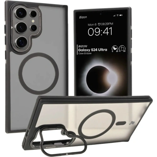 Kup Etui s podstavcem a magnetickým kroužkem Bizon Case Eclipse pro Samsung Galaxy S24 Ultra kouřové s černým rámečkem - BIZ7182 - {ean13} - Sklep Home Screen