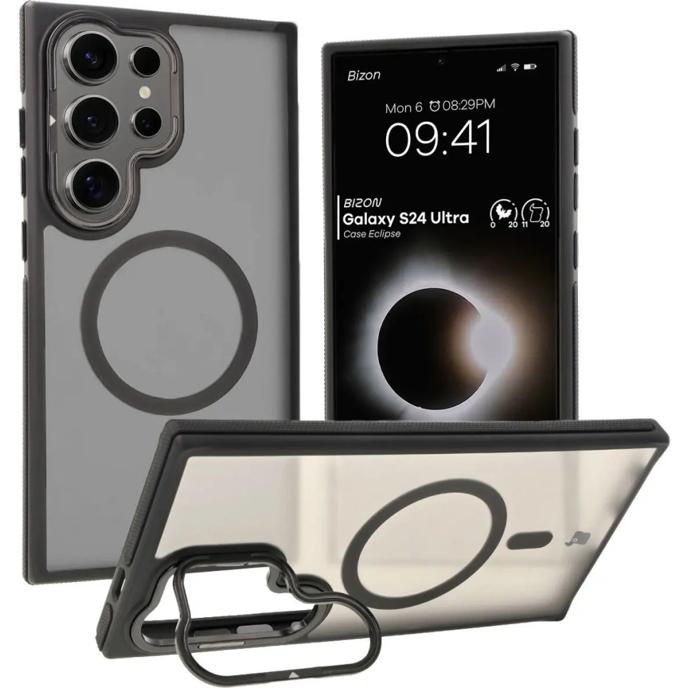 Etui z podstawką i pierścieniem magnetycznym Bizon Case Eclipse do Samsung Galaxy S24 Ultra przydymione z czarną ramką
