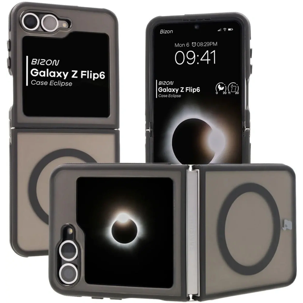 Etui z pierścieniem magnetycznym Bizon Case Eclipse do Samsung Galaxy Z Flip6 / 7 FE przydymione z czarną ramką