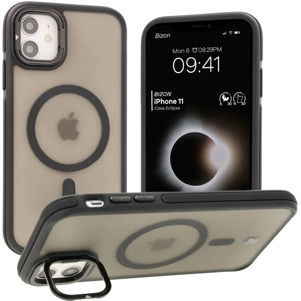 Etui z podstawką i pierścieniem magnetycznym Bizon Case Eclipse do Apple iPhone 11 przydymione z czarną ramką