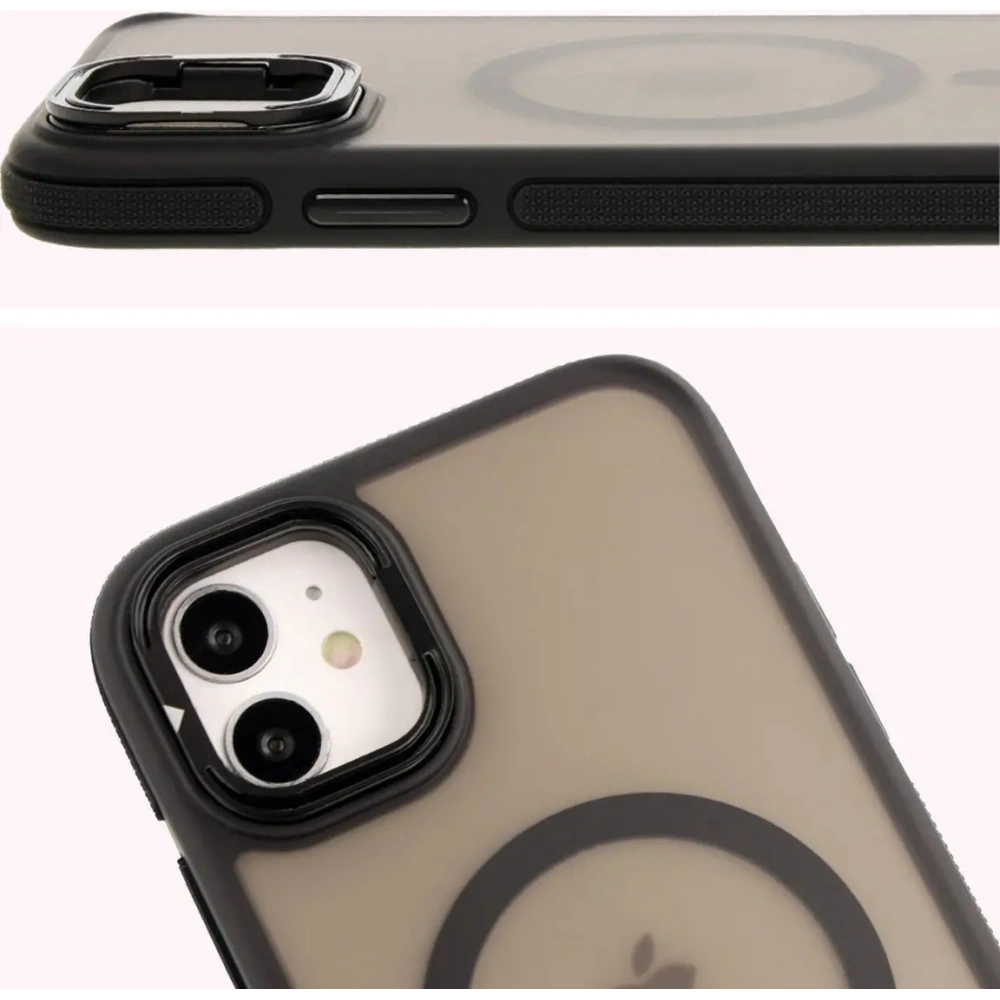 Etui z podstawką i pierścieniem magnetycznym Bizon Case Eclipse do Apple iPhone 11 przydymione z czarną ramką