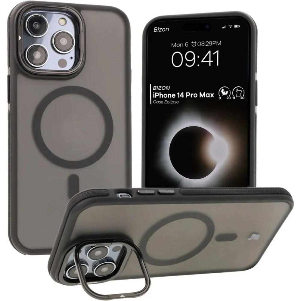Etui z podstawką i pierścieniem magnetycznym Bizon Case Eclipse do Apple iPhone 14 Pro Max przydymione z czarną ramką