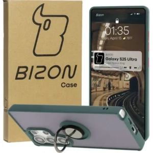 Bizon Case Hybrid Ring Samsung Galaxy S25 Ultra smoky with a dark green frame