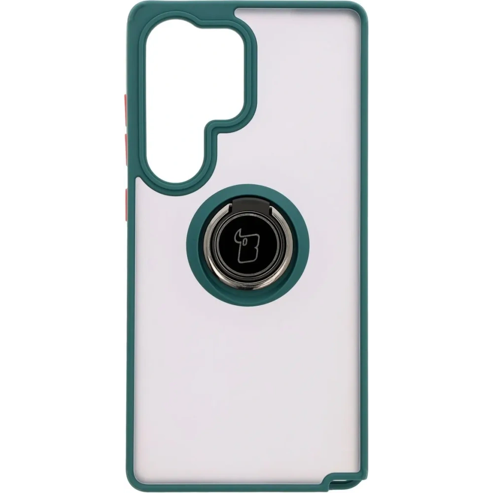 Etui z uchwytem na palec Bizon Case Hybrid Ring do Samsung Galaxy S25 Ultra przydymione z ciemnozieloną ramką